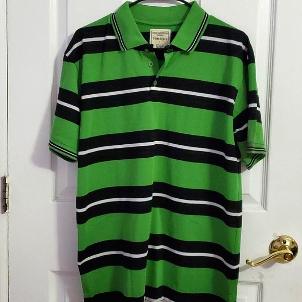 Costa Brava Retro Navy & Green Stripes Short Sleeve Polo Shirt M